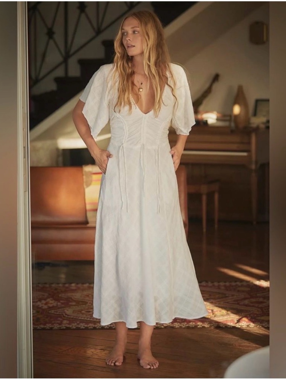 Free People White Midi Dress with Flutter Sleeves